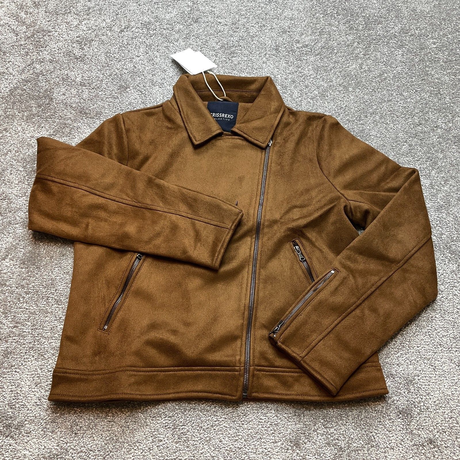 Crissexo Coat Jacket Womens Large Brown Faux Suede Leather Angled Full Zip New